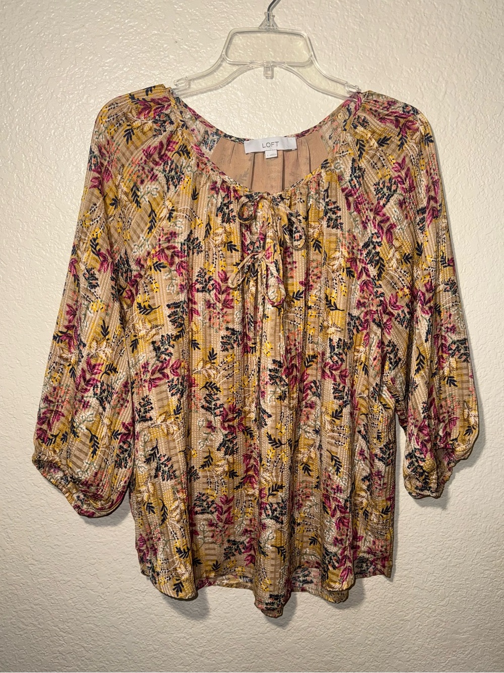 LOFT Large Floral Peasant Blouse Tie Neck 3/4 Sleeve Boho Top